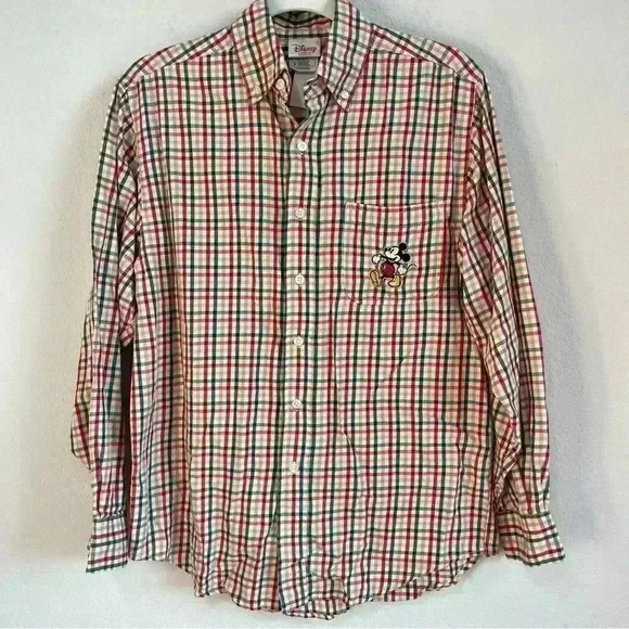 Disney Men’s Embroidered Mickey Mouse Vintage Plaid Button Down Shirt Size S - Picture 1 of 8